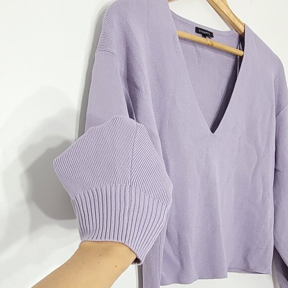 Dynamite Light Purple Puff Sleeve V-Neck Knitted Pullover Sweater Cropped Small - Picture 5 of 12